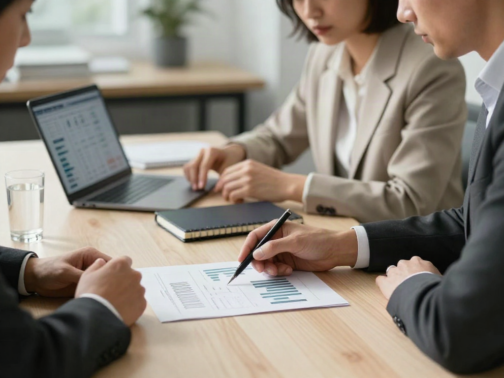 Business strategists collaboratively reviewing performance charts and discussing priorities